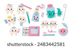 Cute tooth characters and dental oral hygiene tools. Mouth cleaning and teeth care accessories. Toothpaste and toothbrush. Flat vector illustration