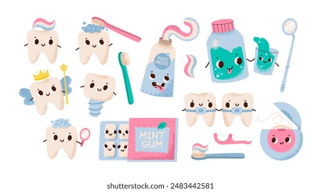 Cute tooth characters and dental oral hygiene tools. Mouth cleaning and teeth care accessories. Toothpaste and toothbrush. Flat vector illustration