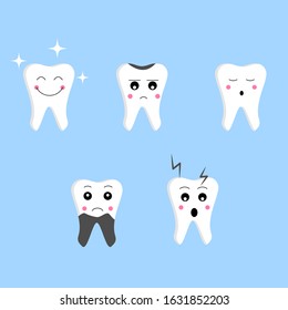 Cute tooth characters. Dental personage vector illustration.Teeth depicting different emotions. Children's dentistry. Cartoon teeth. Teeth sticker. Vector.