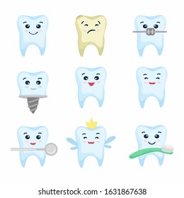 Cute tooth characters. Dental personage vector illustration.Teeth depicting different emotions. Children's dentistry. Cartoon teeth. Teeth sticker. Vector.