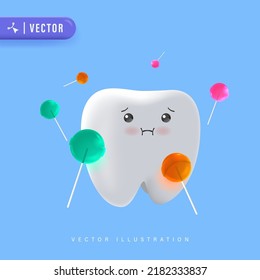 Cute Tooth Characters fühlen sich im flachen Stil schlecht. Ungesunde Zähne Plaque und Karies Hole mit bunter Süßigkeiten. Illustration für Kinder. Zahnarztkonzept.