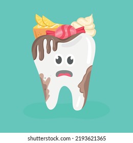 Cute tooth characters feel bad in flat style. unhealthy teeth plaque and caries holes with colorful candy. Illustration for children. dental and dentistry concept.