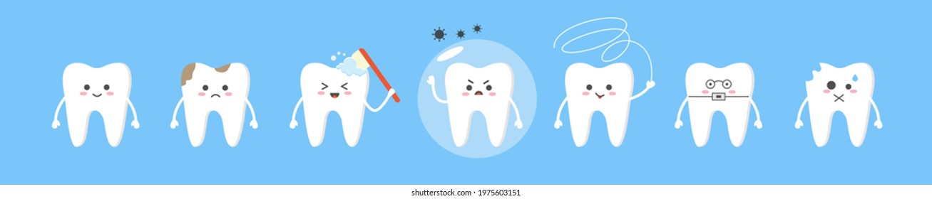 Cute tooth characters in flat style. Set of teeth with different emotions. Vector flat concept about dental health. Animated cartoon teeth characters. Dental and dentistry flat cartoon concept. 