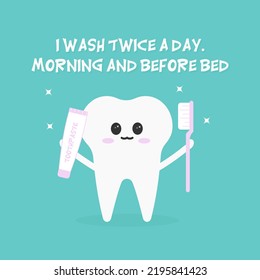 Cute tooth characters in flat style. Cleaning teeth. Clean tooth with toothbrush and toothpaste vector illustration. Dental hygiene cartoon