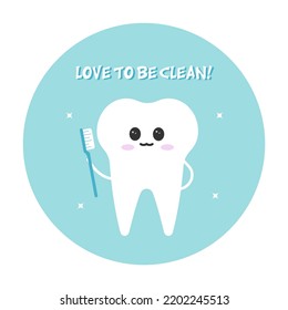 Cute tooth characters in flat style. Cleaning teeth. Clean tooth with toothbrush vector illustration. Dental hygiene cartoon	
