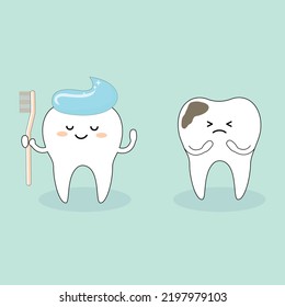 Cute tooth characters healthy happy and with caries cavities. Kawaii smiling faces. Kids dental hygiene health cleaning routine good habits concept