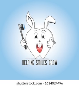 Cute tooth characters with rabbit. blue background