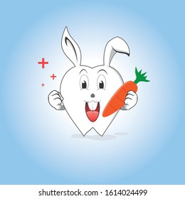 Cute tooth characters with rabbit. blue background