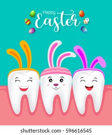 Cute tooth characters with rabbit ears decoration. Happy Easter concept. illustration isolated on green background.