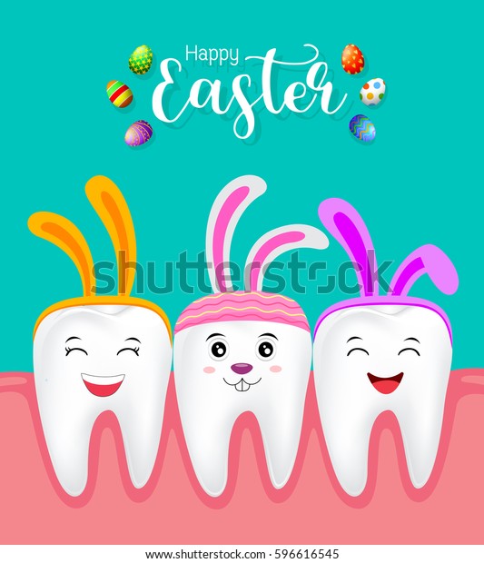 Cute tooth\
characters with rabbit ears decoration. Happy Easter concept.\
illustration isolated on green\
background.