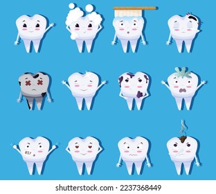Cute tooth characters set in cartoon style. Teeth with different emotions set for label design. Vector illustration EPS10