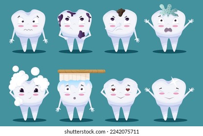 Personajes mullidos con estilo de dibujos animados. Dientes con diferentes emociones fijadas para el diseño de etiquetas. Ilustración del vector EPS10