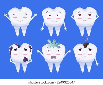 Personajes mullidos con estilo de dibujos animados. Dientes con diferentes emociones fijadas para el diseño de etiquetas. Ilustración del vector EPS10