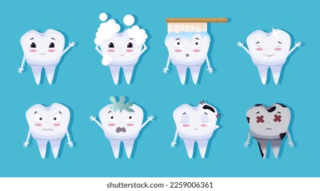 Cute tooth characters set in cartoon style. Teeth with different emotions set for label design. Vector illustration EPS10