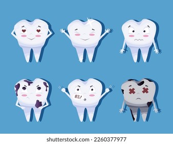 Personajes mullidos con estilo de dibujos animados. Dientes con diferentes emociones fijadas para el diseño de etiquetas. Ilustración del vector EPS10