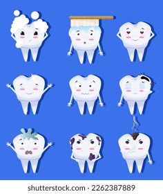 Cute tooth characters set in cartoon style. Teeth with different emotions set for label design. Vector illustration EPS10