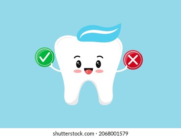 Cute tooth with check marks. Dental true or fiction education concept. Dentistry character with green right and red false checkmarks. Flat cartoon design vector illustration kawaii teeth character.