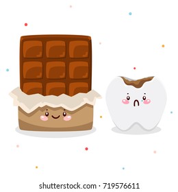 Cute tooth and chocolate, best friends for decay, cartoon characters, oral dental hygiene, set, collection, vector.