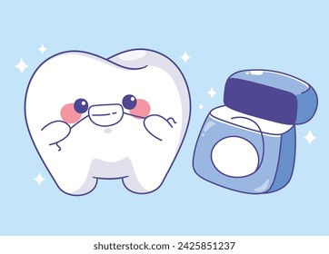 Cute tooth cleaning with dental floss cartoon character