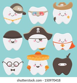 Cute tooth in costume: rapper, hipster, Sheriff, thief, pirate, nerd, hero, mexican, ninja.
