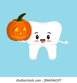 Cute tooth crown with carving orange pumpkin in hand isolated vector icon. White tooth iwith Halloween jack o lantern dental character. Flat design cartoon kawaii style illustration.