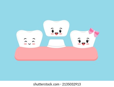 Cute tooth with crown in gum dental vector emoji character isolated. Kids teeth aestetic prosthesis treatment icon. Flat design kawaii cartoon style vector dental health clip art illustration.