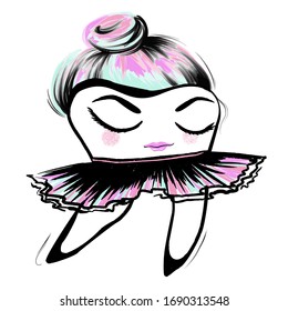 Cute tooth dancing ballet.Cartoon tooth characterl.Hand drawn vector illustration of ballerina.Concept Design for dental clinic.kid's stomatology,poster,sticker,print,card. 