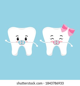 Diente suave con corchetes dentales juego de caracteres. Palancas dentales sobre el concepto blanco lindo de tratamiento de dientes de molienda. Señal de niño y niña. Dibujo tipo caricatura tipo vectorial de mascota de dientes para niños.