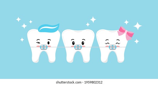 Cute tooth with dental braces emoji character. Dental braces on white tooth orthodontic correction treatment concept. Vector flat design kawaii style kid tooth dentistry mascot illustration.