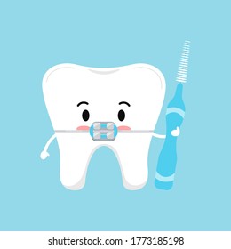 Cute tooth with dental braces and interdental brush in hand hygiene concept isolated on blue background. Tooth sign emoji character vector flat design kawaii style kid tooth mascot illustration. 