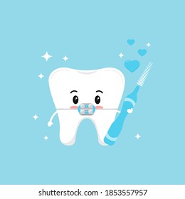 Cute tooth with dental braces in love with interdental brush in hand hearts and sparkles. Flat design cartoon happy dentist character vector illustration. Children teeth hygiene concept.