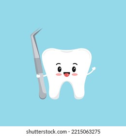 Cute tooth with dental cototn pliers tool icon isolated on blue background. White teeth character with stomatology forceps instruments in hand vector flat design cartoon style dentistry illustration.