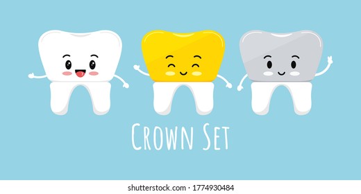 Cute tooth with dental crown emoji character set. Ceramic, porcelain fudes to metal, metal gold dental crown orthodontic prosthetics, teeth treatment concept. Vector flat design tooth illustration.