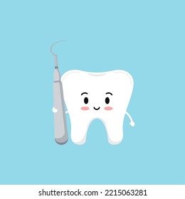 Cute tooth with dental explorer probe tool icon isolated on blue background. White teeth character with stomatology excavator instruments in hand vector flat design cartoon dentistry illustration.