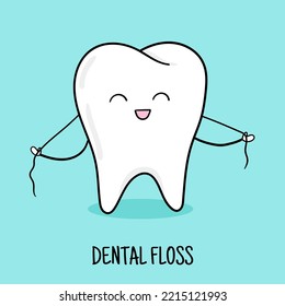 Cute tooth with dental floss. Oral hygiene. Dental cute Illustration for children dentist cabinet, pediatric dentistry.