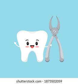 Cute tooth with dental nipper tool icon isolated on blue background. White teeth character with stomatology plier instruments in hand vector flat design cartoon style dentistry illustration.