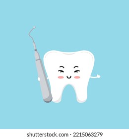 Cute tooth with dental spoon curette tool icon isolated on blue background. White teeth character with stomatology instruments in hand vector flat design cartoon style dentistry illustration.