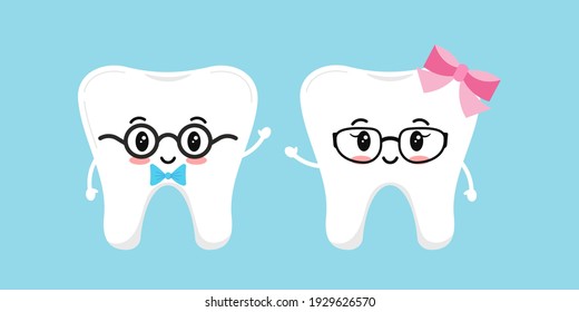 Cute tooth dentistry character girl and boy in glasses with bow. Vector illustration happy healthy kawaii character. Flat design cartoon style stylish tooth concept of children's dentistry education. 