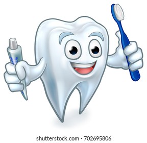 Cute tooth dentists mascot cartoon character holding toothpaste and a toothbrush 