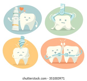 Cute tooth in different situations. Part 2. Vector illustration.