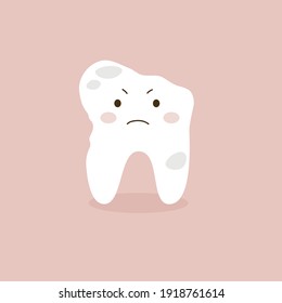 Cute tooth. Dissatisfied, aching tooth concept vector illustration. Isolated on pink background.
