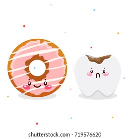 Cute tooth and donut, best friends for decay, cartoon characters, oral dental hygiene, set, collection, vector.