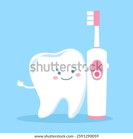 Cute tooth with electric toothbrush in flat design. Brushing teeth. Dental care.