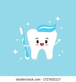 Cute tooth emoji with blue toothbrush paste on head and sparkles. Flat design cartoon kawaii style smiling character vector illustration. Happy tooth holds brush. Children teeth hygiene concept.