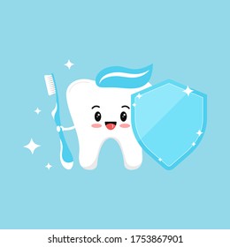 Cute tooth emoji with blue toothbrush and dental shield with paste on head and sparkles. Flat design cartoon kawaii style smiling tooth character vector illustration. Children teeth protect concept.