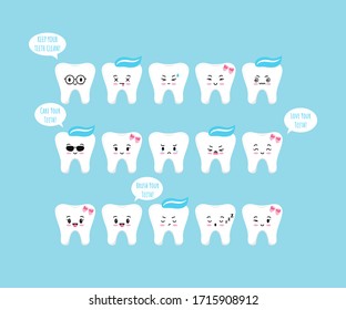 Cute tooth emoji icon set with speach bubbles isolated on blue background. Flat kawaii design girl and boys dental emoticon. Teeth emotions collection. Vector cartoon happy characters illustration.
