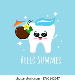 Cute tooth emoji with sunglasses and hawaii coconut cocktail wit umbrella and sparkles. Hello summer concept. Flat design cartoon style holiday smiling tooth character vector illustration. 