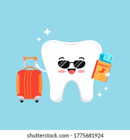 Cute tooth emoji with sunglasses and suitcase and passport with tickets and sparkles. Hello summer and dental tourism concept. Flat design cartoon style smiling tooth character vector illustration. 