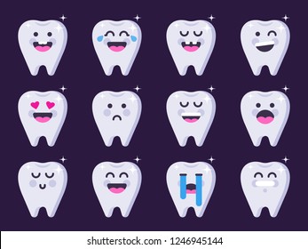 Cute tooth emoticon characters. Happy emoji teeth set. Dental personage vector illustration. Vector flat illustration