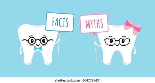 Diente lindo con platos de hechos y mitos. Concepto de educación de la verdad dental o de ficción, personaje de odontología, niña y niño con gafas. Dibujo plano de dibujos animados ilustraciones vectoriales feliz personaje de dientes kawaii. 